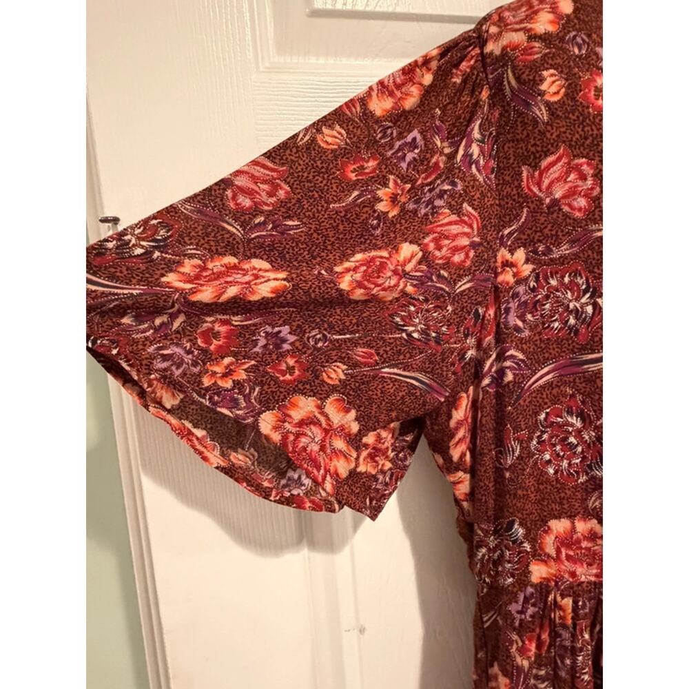Good Hart Floral Boho Midi Dress Burgundy Rust Red Tie Neck Rayon Medium M - Picture 5 of 11